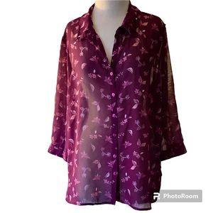 Attention Plus Slightly Sheer Cranberry Button Down Floral Blouse